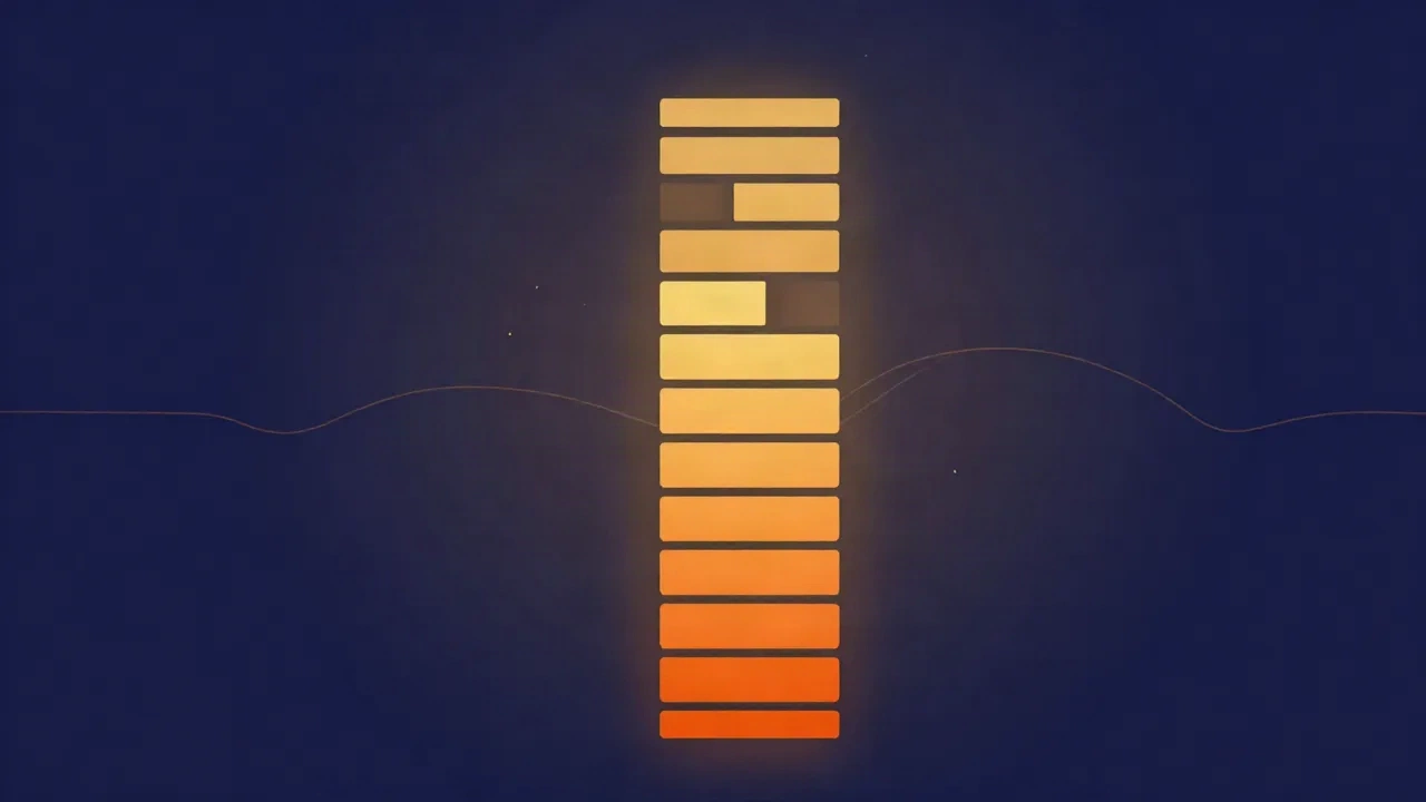 Flat illustration of a glowing vertical audio level meter built from stacked warm orange and gold bars on a deep navy background, with thin wavy sound lines running behind it