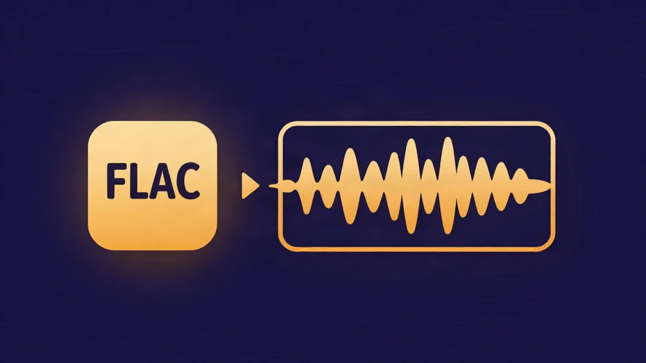 Flat illustration of a FLAC file icon beside a compressed but complete sound wave, showing what a FLAC file is — lossless audio at a smaller size