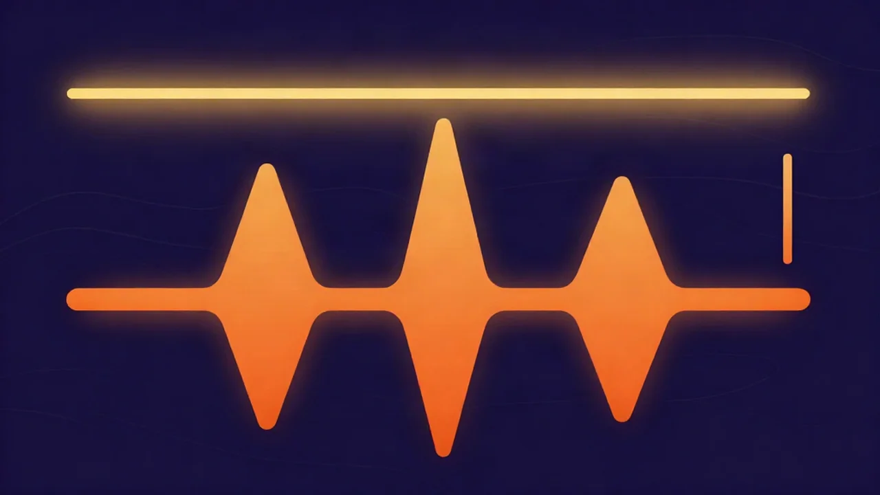 Flat illustration of an orange audio waveform whose tallest peaks are stopped flat against a horizontal ceiling line, showing a limiter clamping loudness below the maximum level