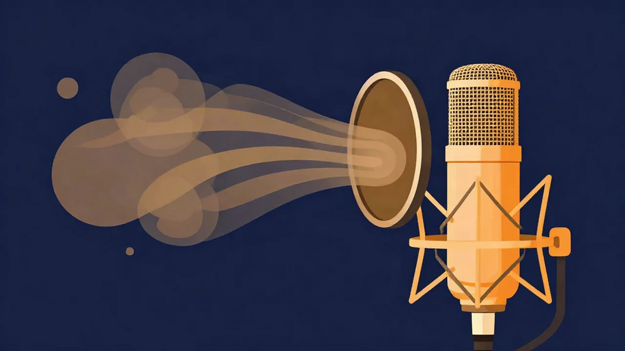 What is a pop filter: illustration of air puffs from plosive sounds stopped by a round mesh pop filter in front of a studio condenser microphone