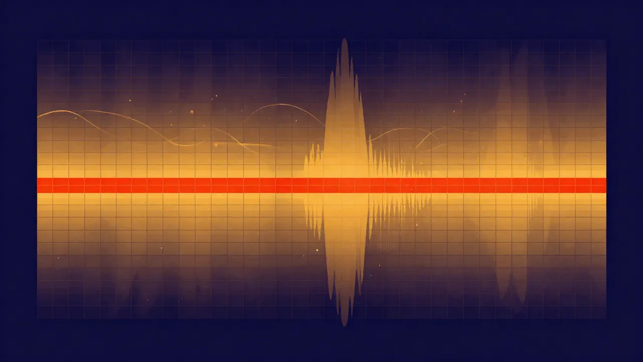 Flat illustration of a warm gold and orange frequency heatmap on a deep navy background, with one narrow bright red-orange horizontal streak running steadily across the full width, evoking a constant hum tone spotted in a spectrogram