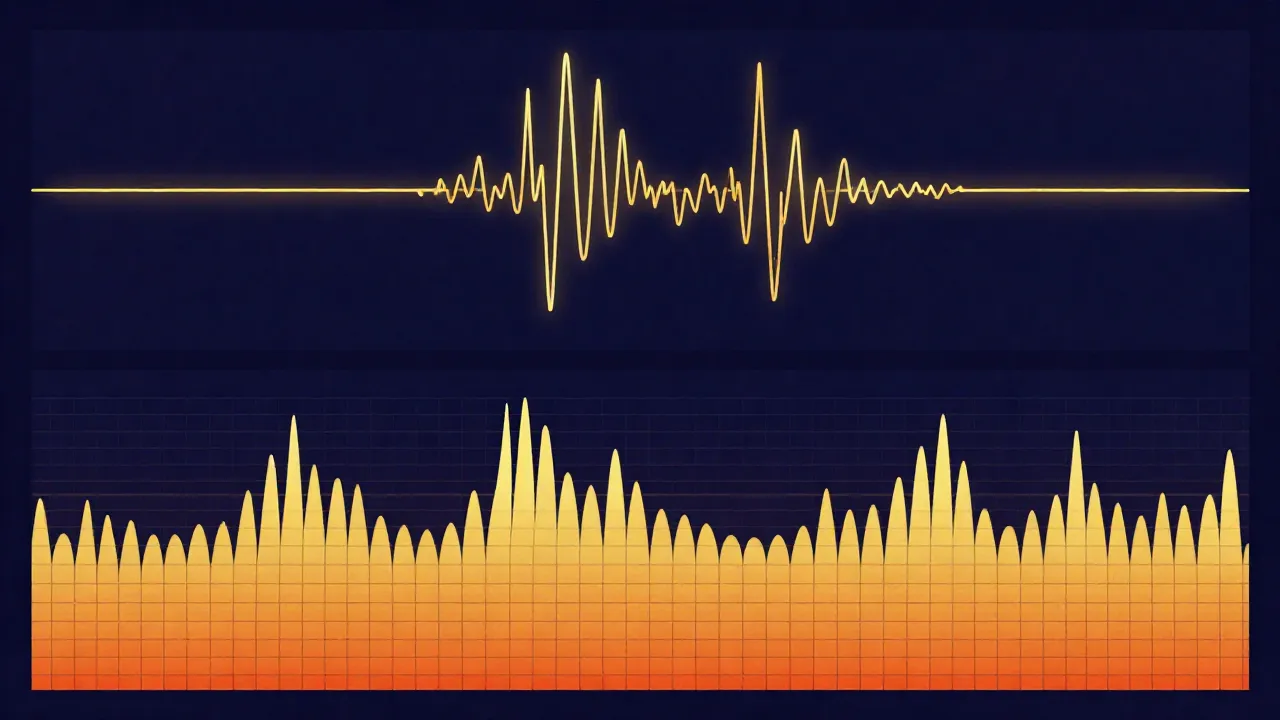Flat illustration with two stacked panels on a deep navy background: a thin glowing gold waveform line on top and a warm frequency heatmap field below, representing two views of the same sound