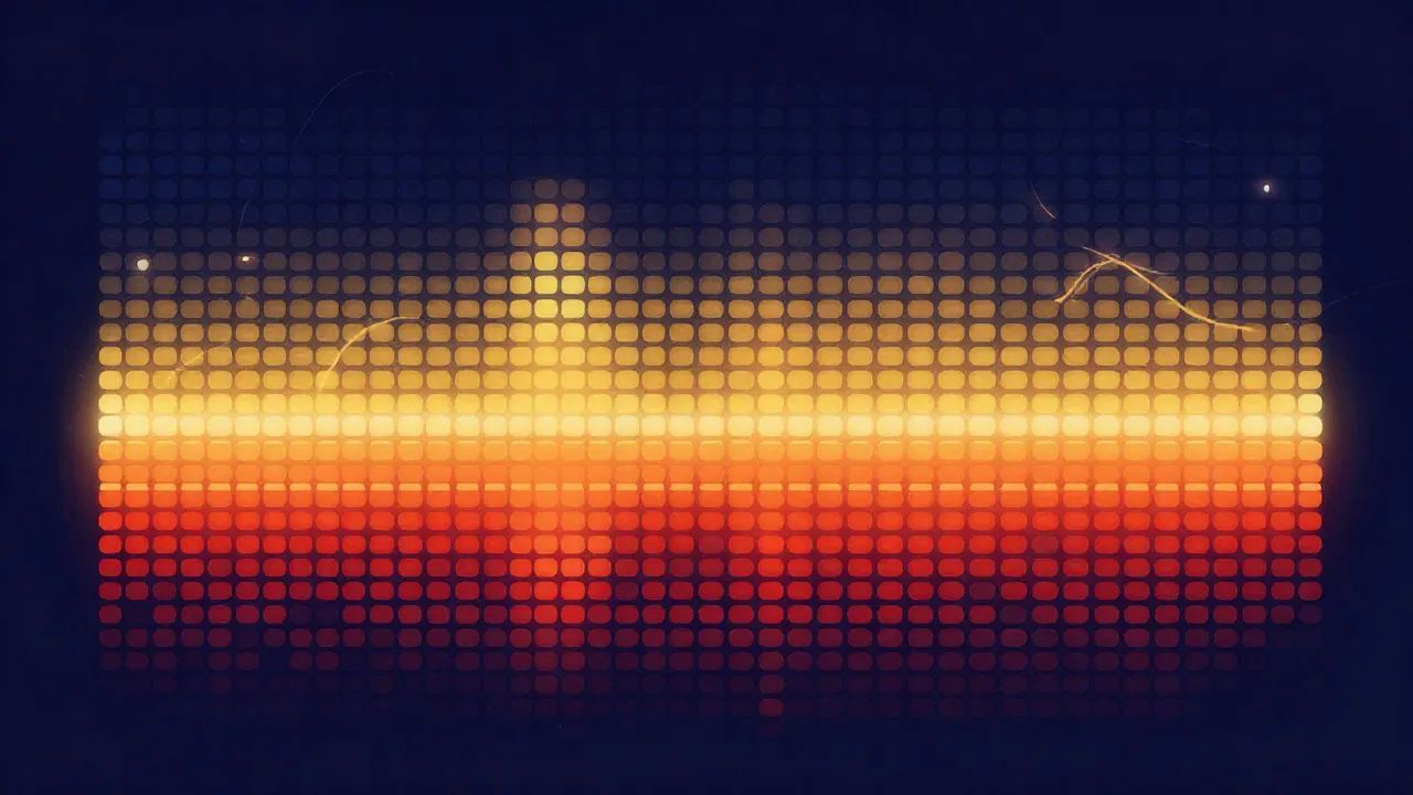 Flat illustration of a frequency-versus-time heatmap grid in warm gold and orange tones on a deep navy background, with faint horizontal harmonic bands, evoking a spectrogram