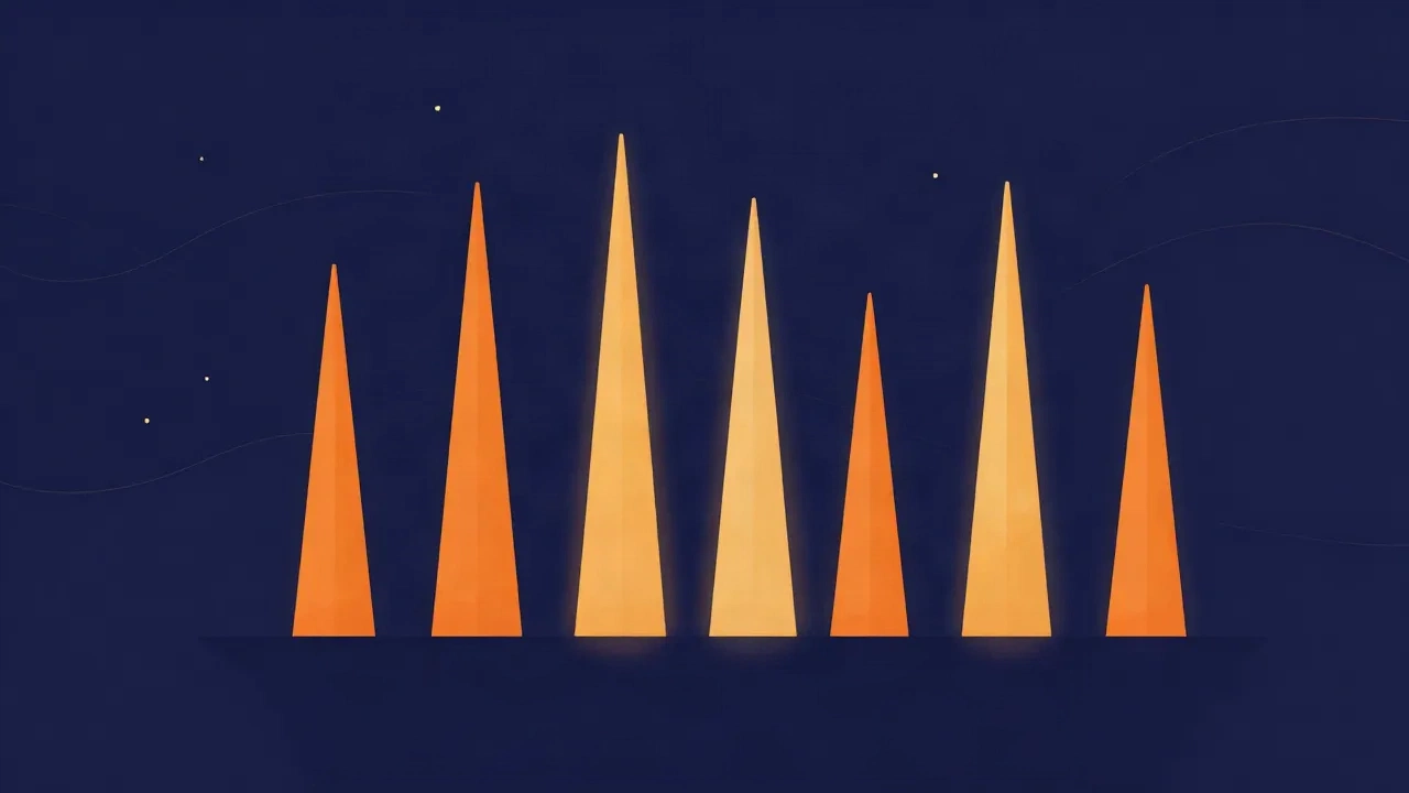 Flat vector illustration on a navy background showing several evenly spaced sharp orange transient spikes rising from a calm baseline, with soft glow and thin wavy lines, representing drum hits marking a rhythm over time