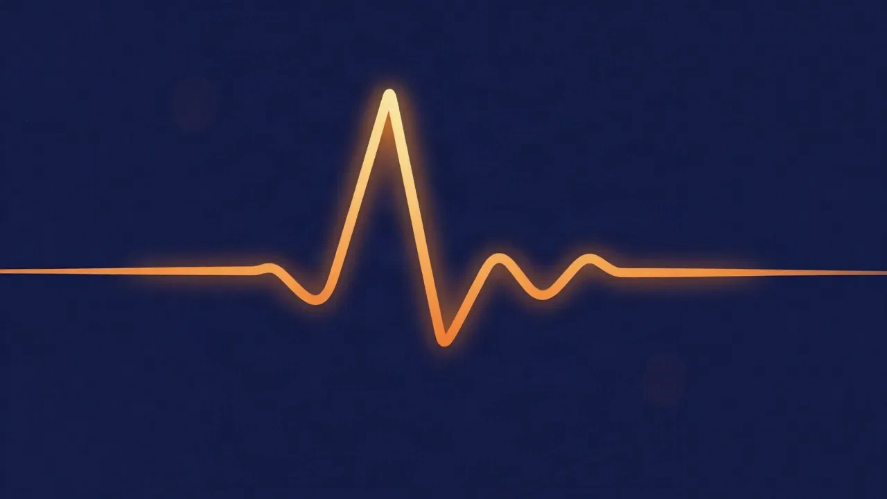 Flat vector illustration of a glowing orange waveform on a navy background with one sharp bright spike at the front of a note that quickly decays into a low tail