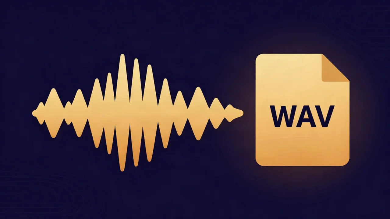 Flat illustration of a WAV file icon beside a full, uncompressed sound wave stored bit-for-bit, showing what a WAV file is