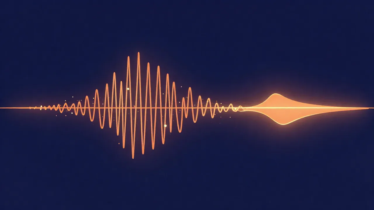 Flat vector illustration of a glowing orange waveform on a navy background showing sharp tall transient spikes rising from a calm baseline, representing peaks and drum hits over time