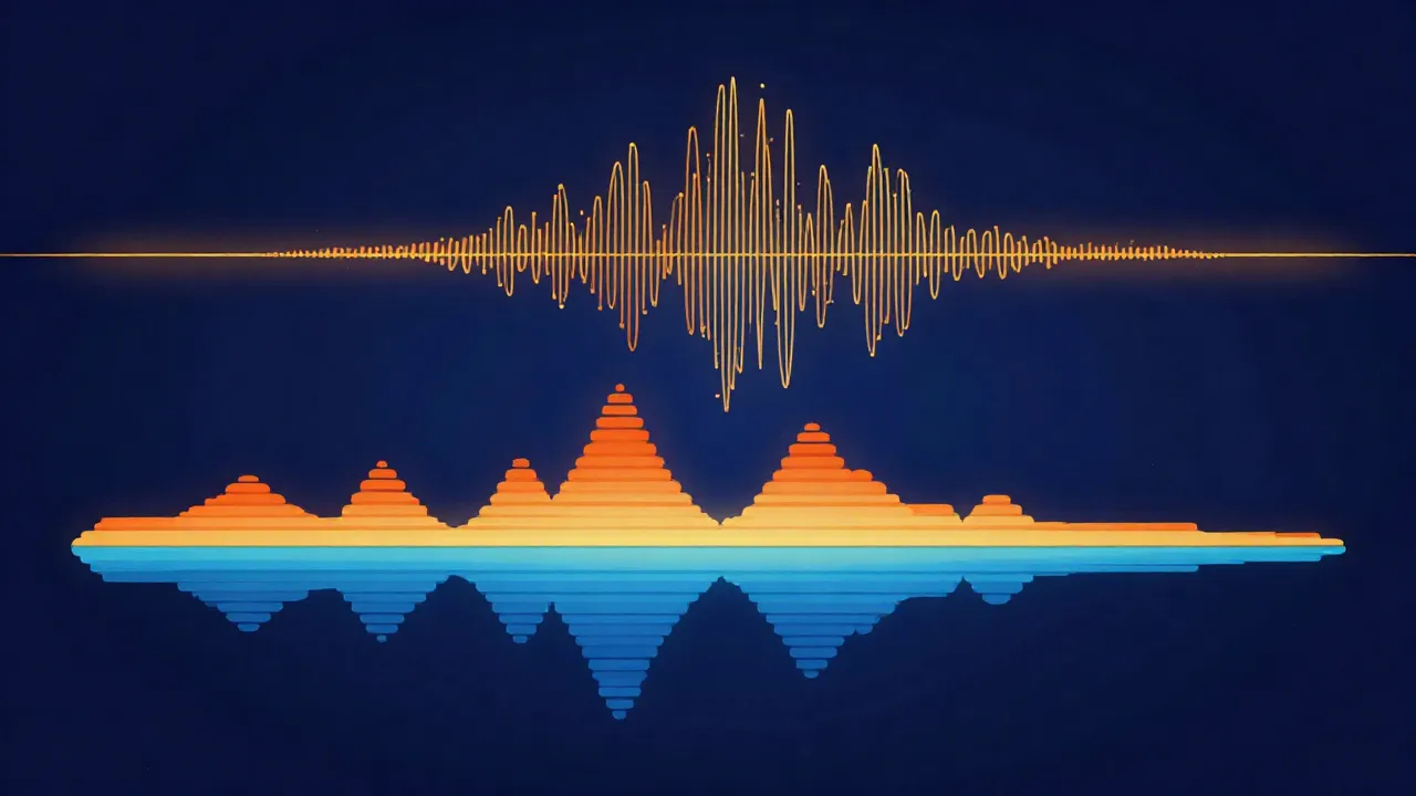 Flat vector illustration on a navy background, a glowing orange amplitude waveform stacked above a layered orange-and-blue frequency band, representing the same sound shown as a time-domain waveform and a frequency-domain view