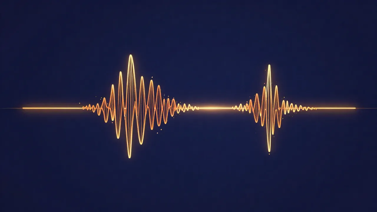 Flat vector illustration of a glowing orange waveform on a navy background, with tall loud bursts, low quiet ripples, and flat straight stretches marking silence