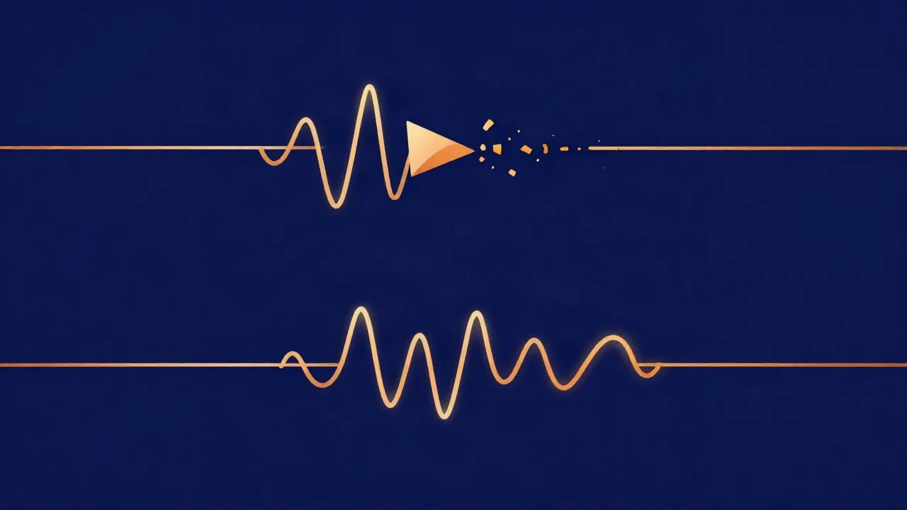 Flat vector illustration on a deep navy background contrasting two paths: on the left a waveform loses small orange fragments as it passes through a funnel labelled by a downward arrow, on the right a waveform passes through cleanly and emerges unchanged, thin wavy connecting lines and soft glow