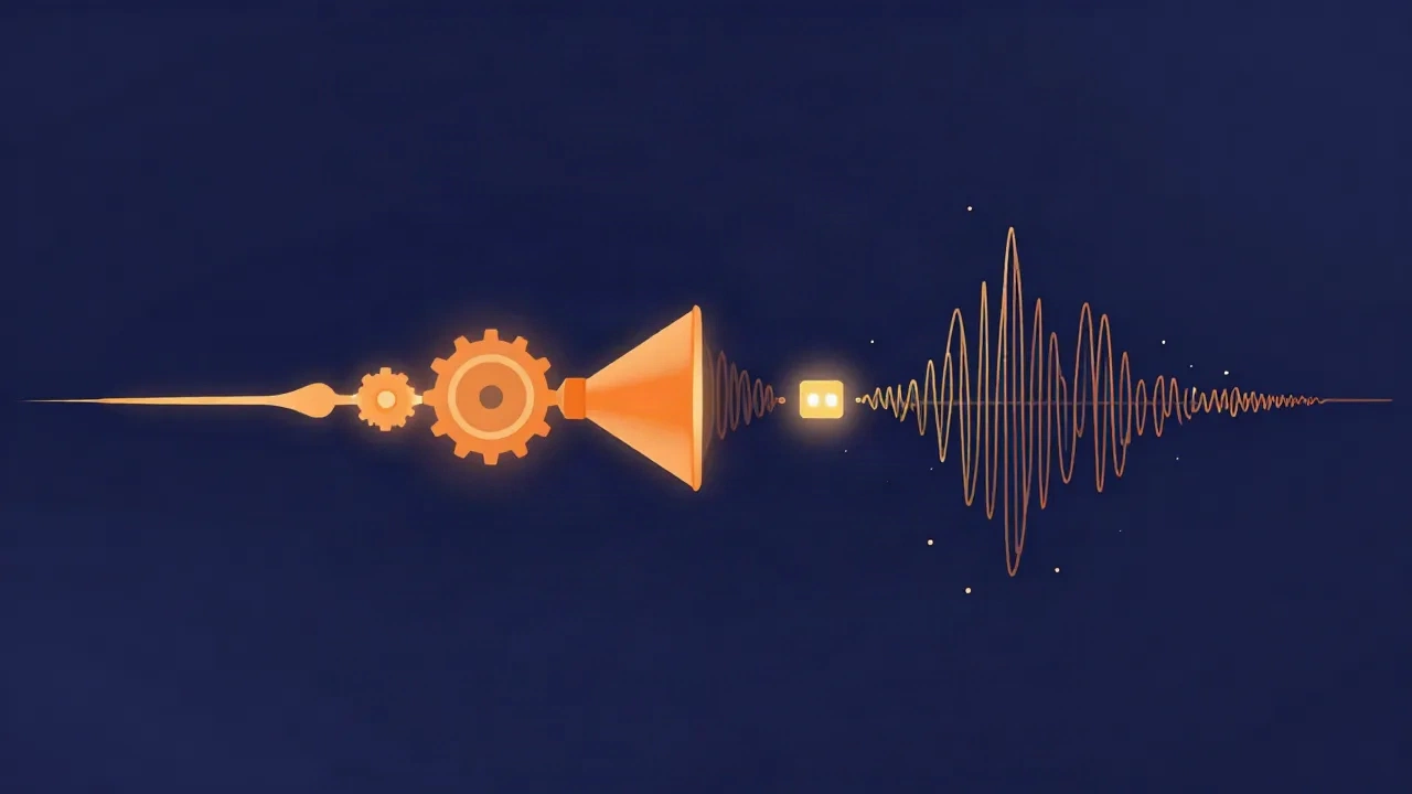 Flat vector illustration of a sound waveform passing through an encoder gear and funnel into a compact data packet, then expanding back into a waveform