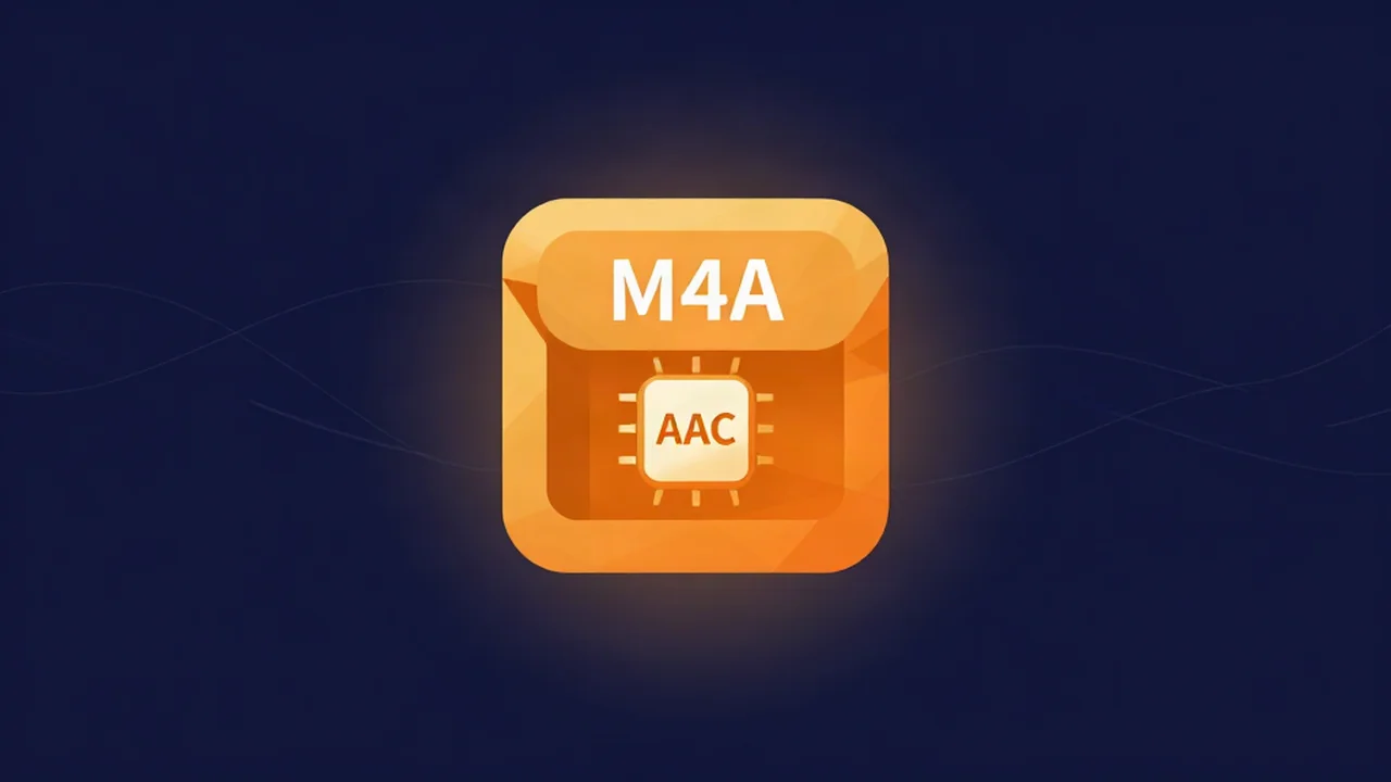 Flat illustration of an M4A file icon opened to show an AAC audio codec inside, explaining that an M4A file is an MPEG-4 container, not a codec
