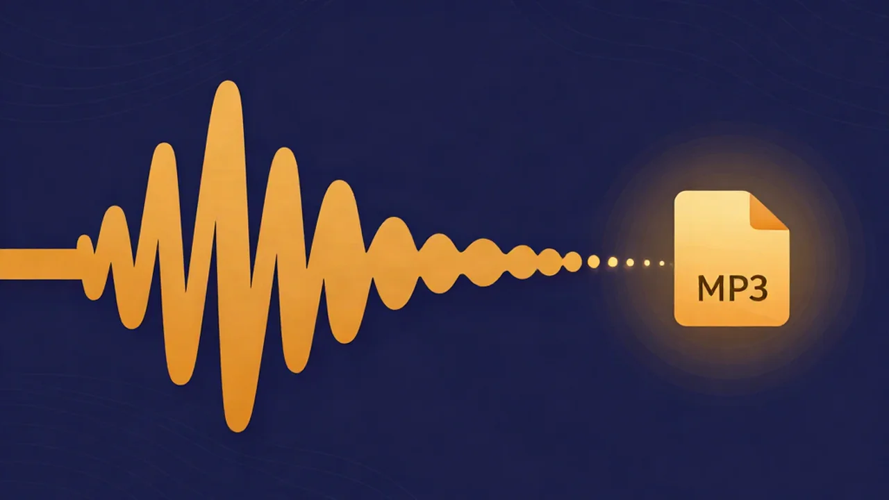 Flat illustration of an MP3 file icon beside a large sound wave being compressed into a small stream of data, showing what an MP3 file is