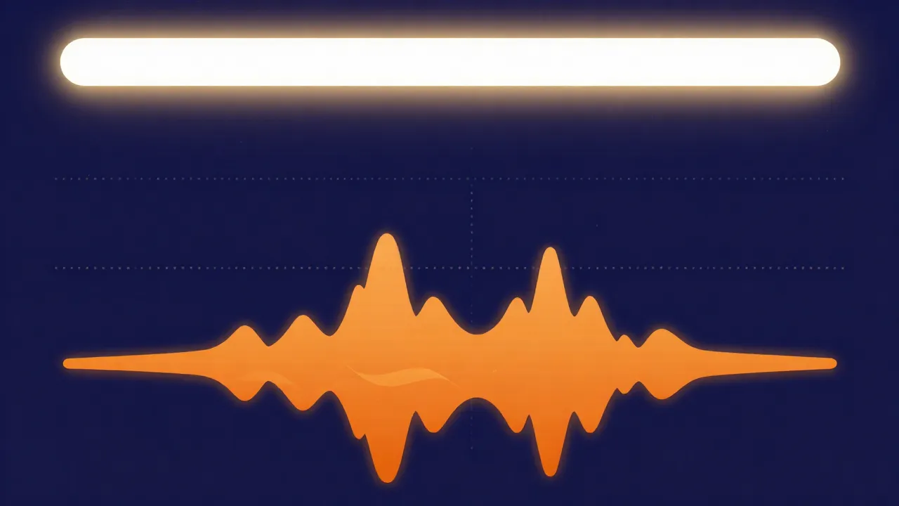 Flat vector illustration of an orange waveform sitting well below a glowing horizontal ceiling line, with a soft-glowing gap labelled by thin dotted guide lines between the peaks and the ceiling, deep navy-indigo background, soft glow, small dots