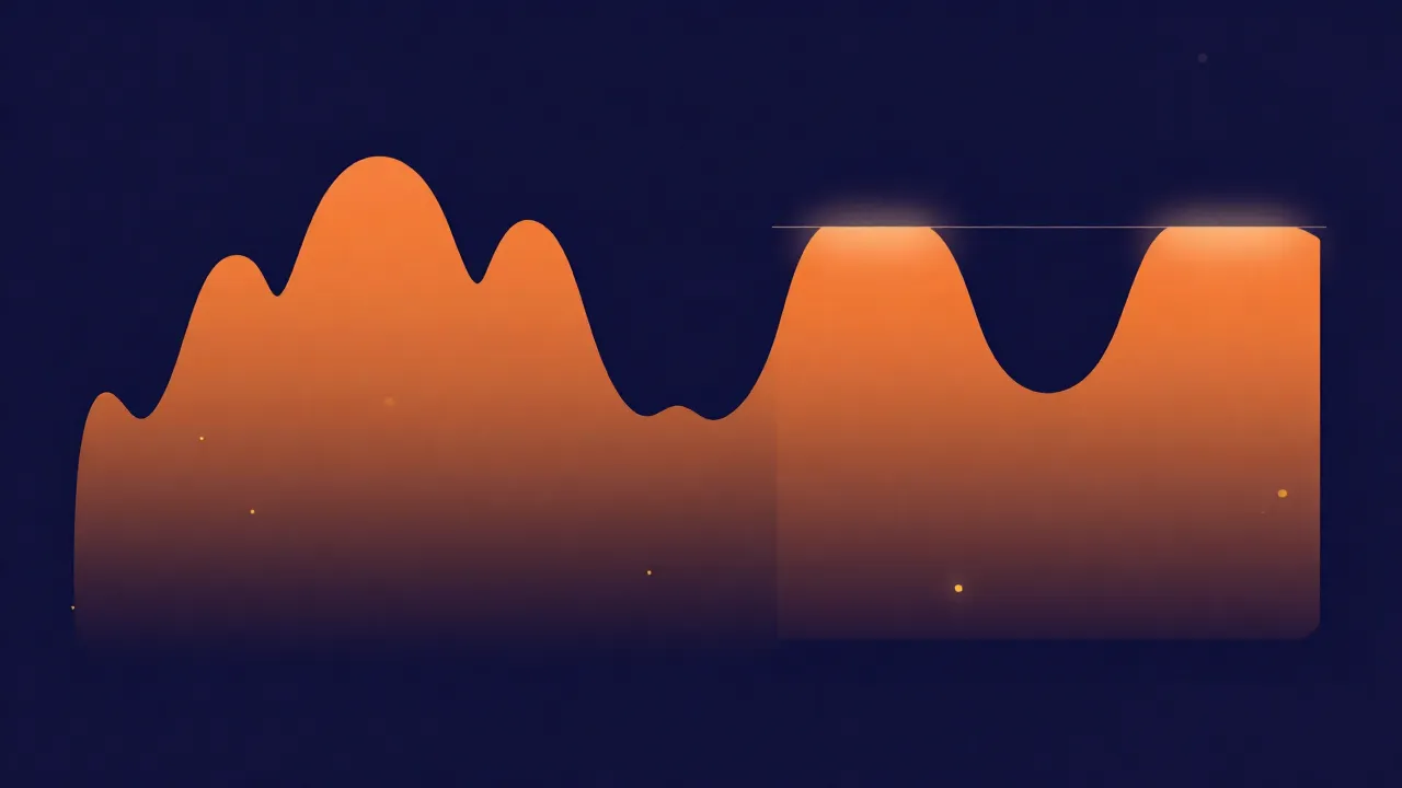 Flat vector illustration of a smooth orange sine wave on the left transforming into a hard flat-topped square-shouldered waveform on the right, deep navy-indigo background, soft glow, thin wavy lines and small dots