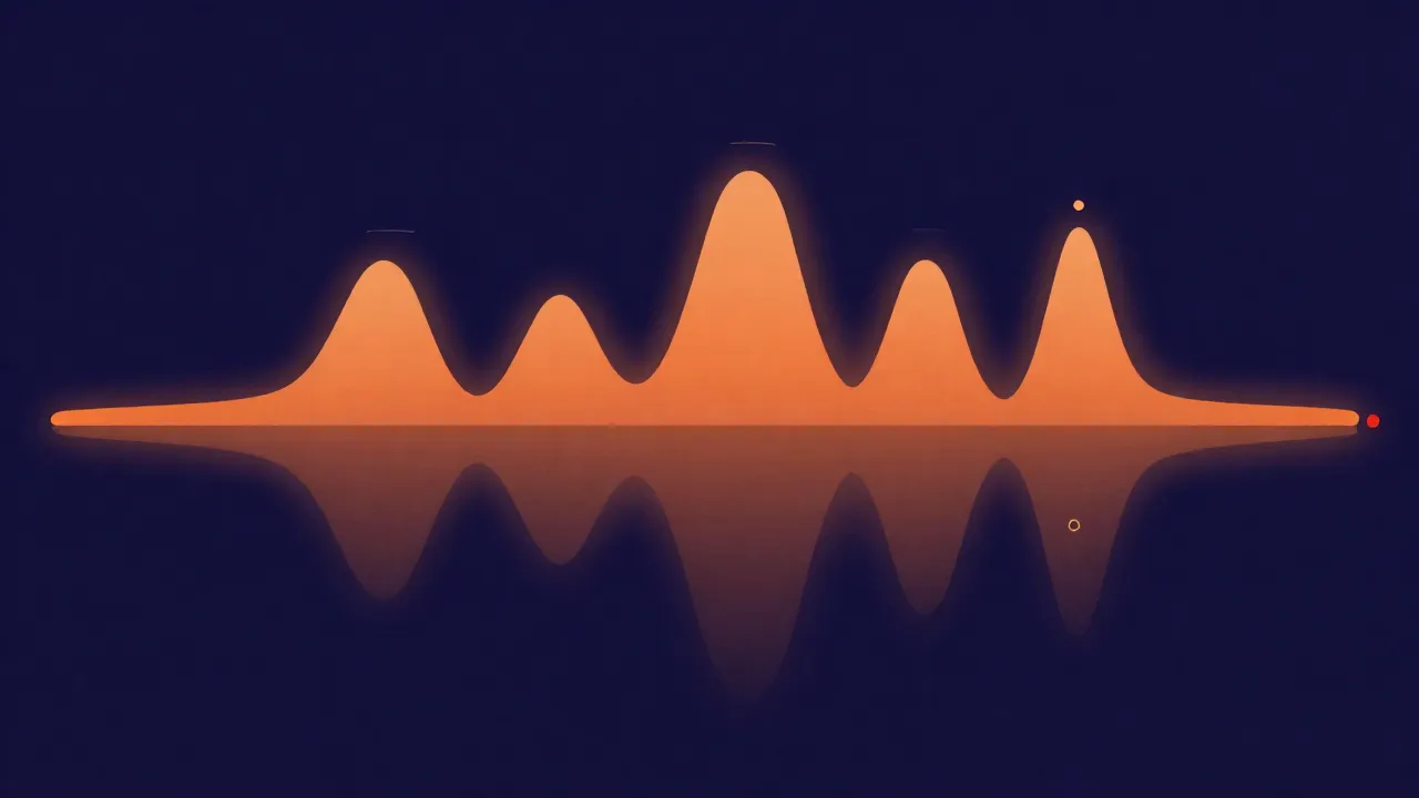 Flat illustration of an orange audio waveform whose tallest peaks are flattened into hard plateaus against a deep navy background, with a small red overload meter glowing at the edge