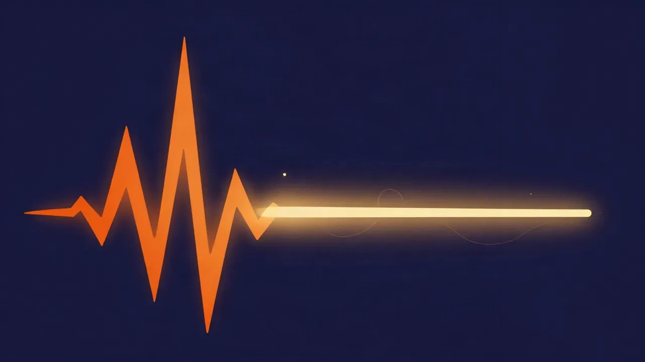 Flat vector illustration of a tall jagged orange waveform on the left being pressed down toward an even level by a descending horizontal bar, thin wavy lines and dots, deep navy background with soft glow