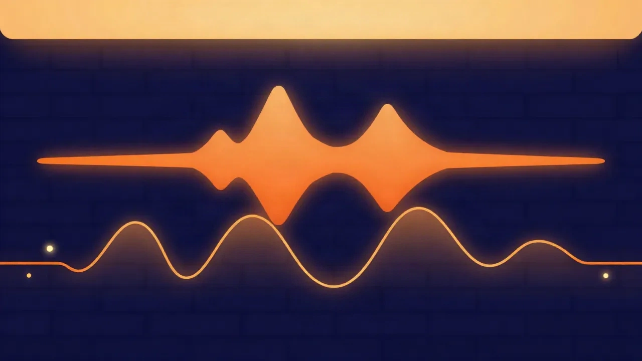 Flat vector illustration of a waveform stopped flat against a solid horizontal ceiling line while a lower waveform gently rounds its peaks, deep navy background with orange and gold glow, thin wavy lines and dots