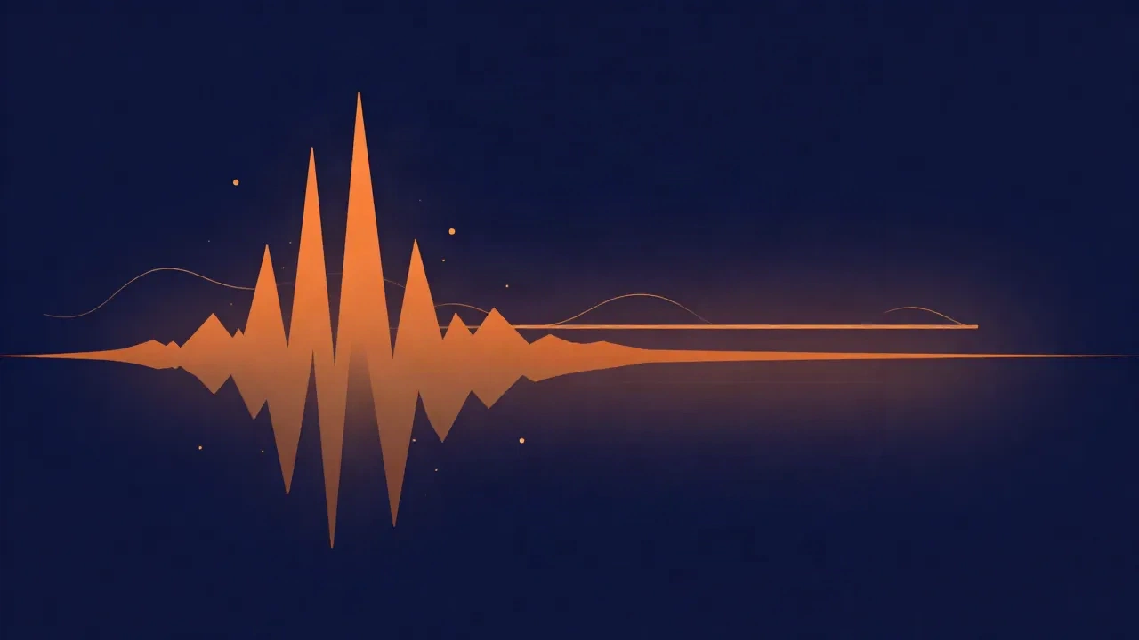 Flat illustration of a waveform with tall peaks being pressed down toward an even level by a descending bar, deep navy background with orange glow