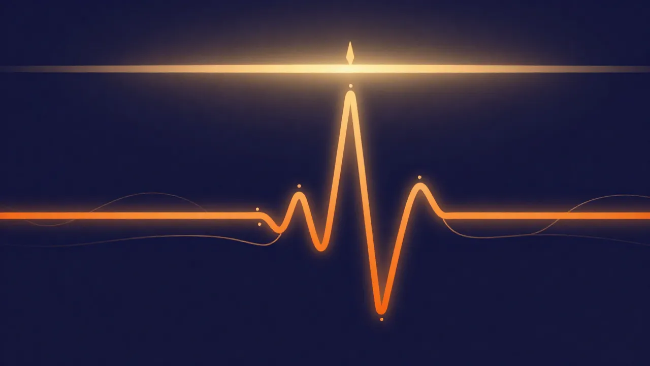 Flat vector illustration of a glowing orange audio waveform whose tallest peak nearly touches a bright horizontal ceiling line, with thin wavy lines and small dots suggesting the tiny overshoot rising above the sample points, deep navy-indigo background with soft gold glow