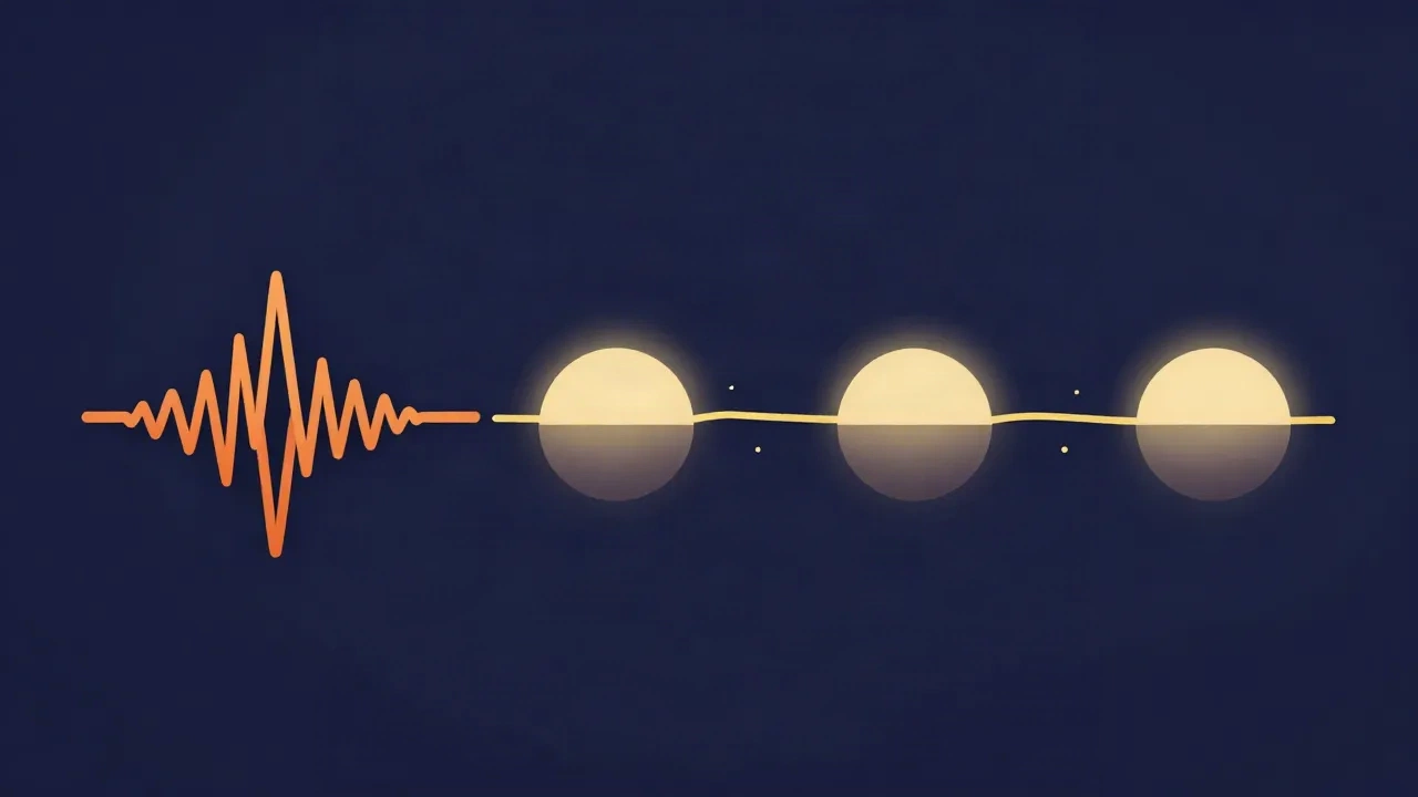 Flat vector illustration of a horizontal signal path on a deep navy background, showing an orange sound wave passing through four glowing stages connected by a thin wavy line, each stage adding a small offset shadow beneath it, with scattered dots