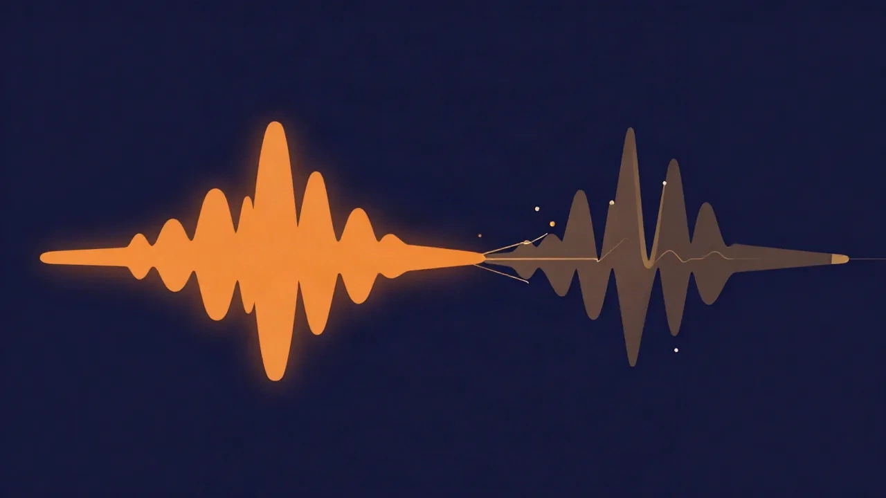 Flat illustration of an orange sound wave on the left and a fainter, delayed echo of the same wave offset to the right on a deep navy background, showing a gap in time between them