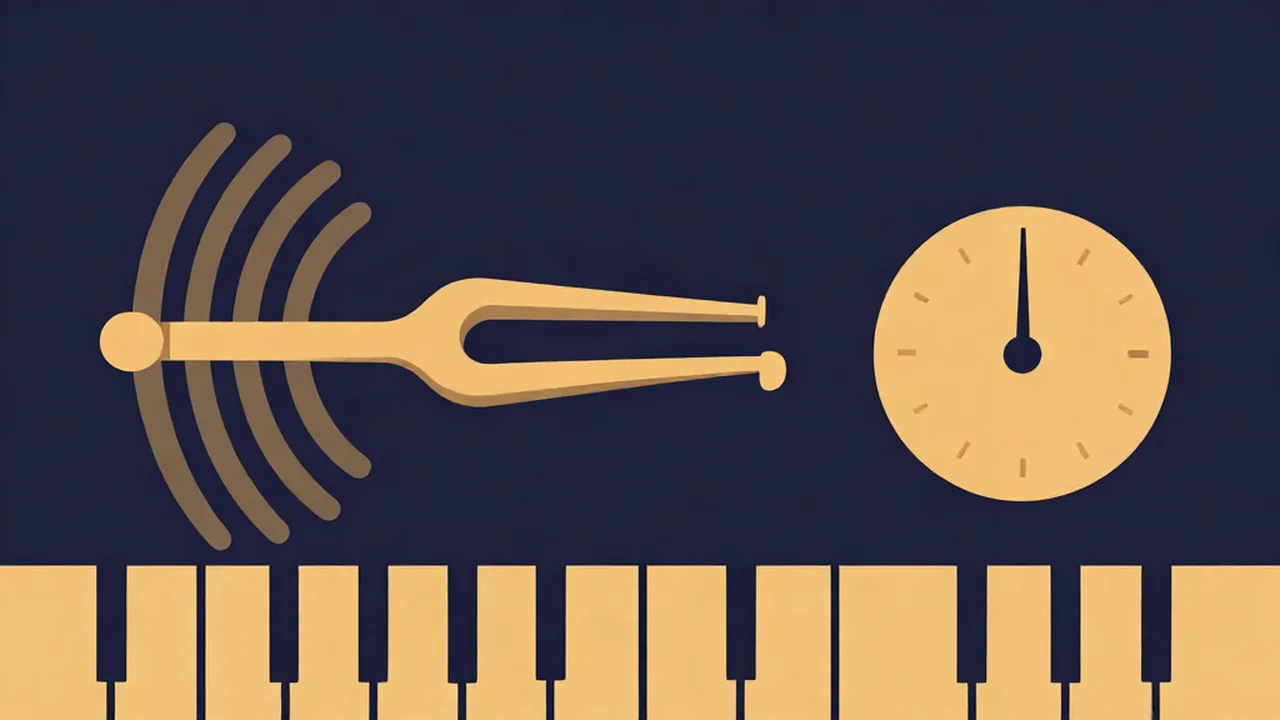 Tuning fork and tuner needle centered on A440 concert pitch above piano keys, the reference a pitch changer assumes
