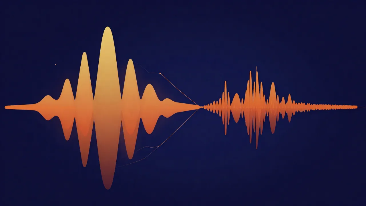 Flat illustration of a wide dynamic waveform with tall peaks and quiet valleys beside a squashed flat one on a deep navy background