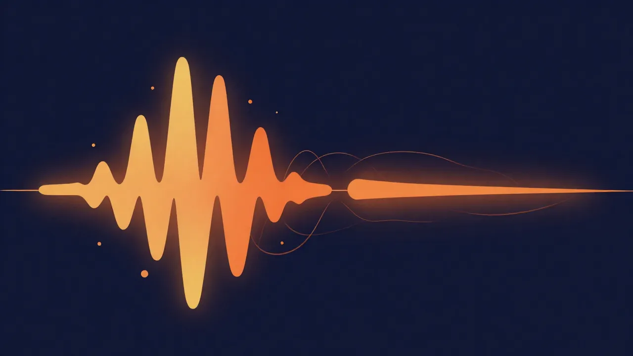Flat vector illustration of a wide dynamic orange waveform with tall peaks and deep quiet valleys next to a squashed flat waveform, deep navy background with soft glow