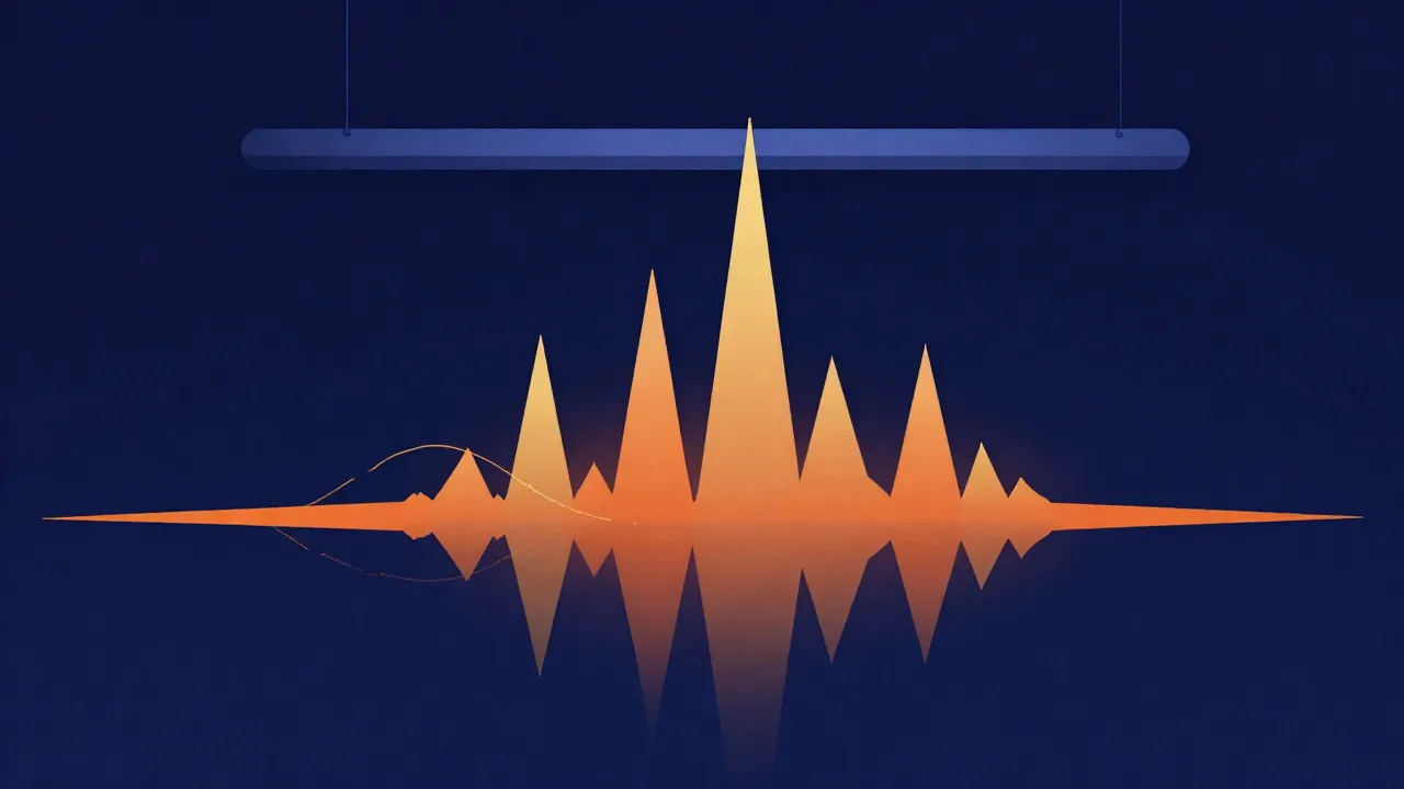 Flat vector illustration of a tall dynamic waveform being pressed down flat by a horizontal ceiling bar, thin wavy lines and dots, deep navy background with orange glow