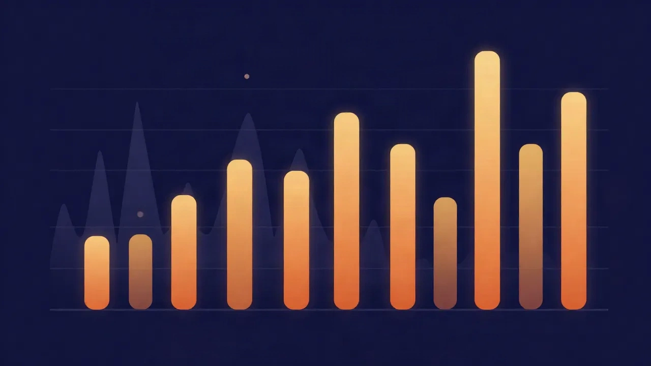 Flat illustration of a row of glowing orange graphic-equalizer sliders at varying heights over a faint frequency spectrum on a deep navy background
