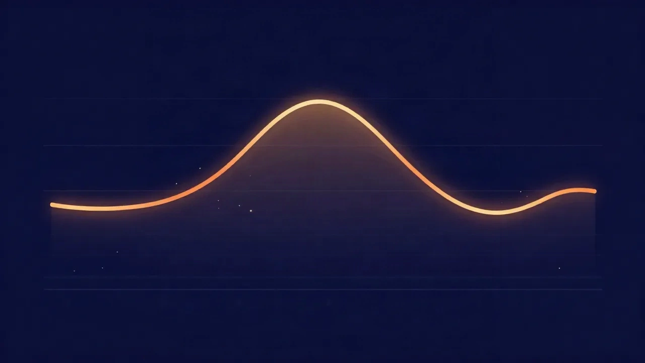 Flat illustration of a glowing orange EQ curve with a raised boost hump and a shallow cut dip sweeping across a deep navy frequency band