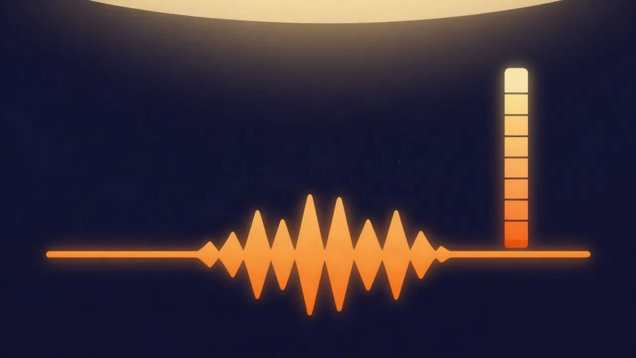 Flat vector illustration of a glowing orange audio waveform sitting in the lower part of the frame with clear empty space above it before a bright ceiling line, and a vertical level meter of orange and gold bars glowing in a healthy mid-range, on a deep navy background