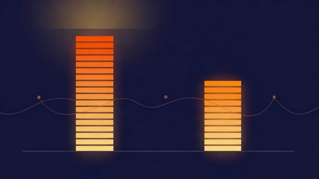Flat vector illustration of two vertical level meters made of stacked orange and gold bars, the left one overloaded and glowing red-orange pressed against a bright ceiling line, the right one resting comfortably in its mid-range with room above, connected by thin wavy lines on a deep navy background