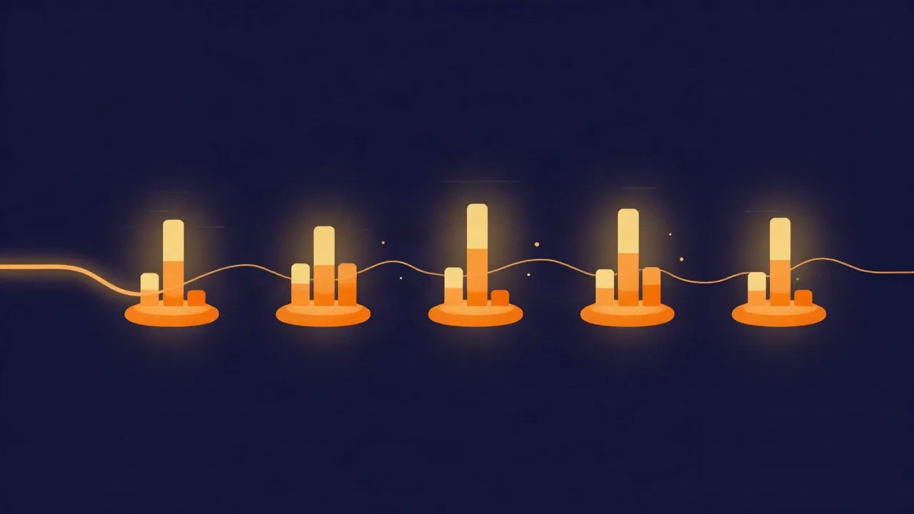 Flat illustration of a glowing orange signal line flowing through a chain of five stages, each topped with a healthy level meter sitting below a ceiling line, on a deep navy background
