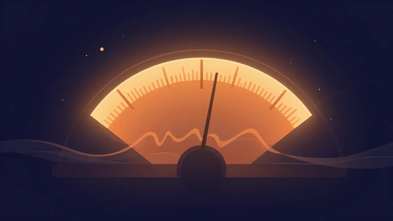 Flat illustration of a glowing loudness meter arc with its needle in a warm target zone, over soft sound waves