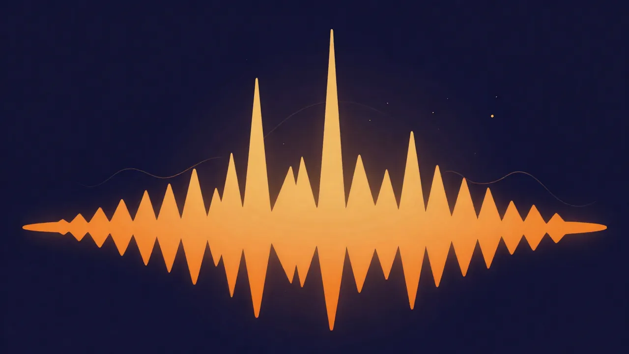 Flat illustration of a glowing orange audio waveform dominated by a single tall peak spike on a deep navy background
