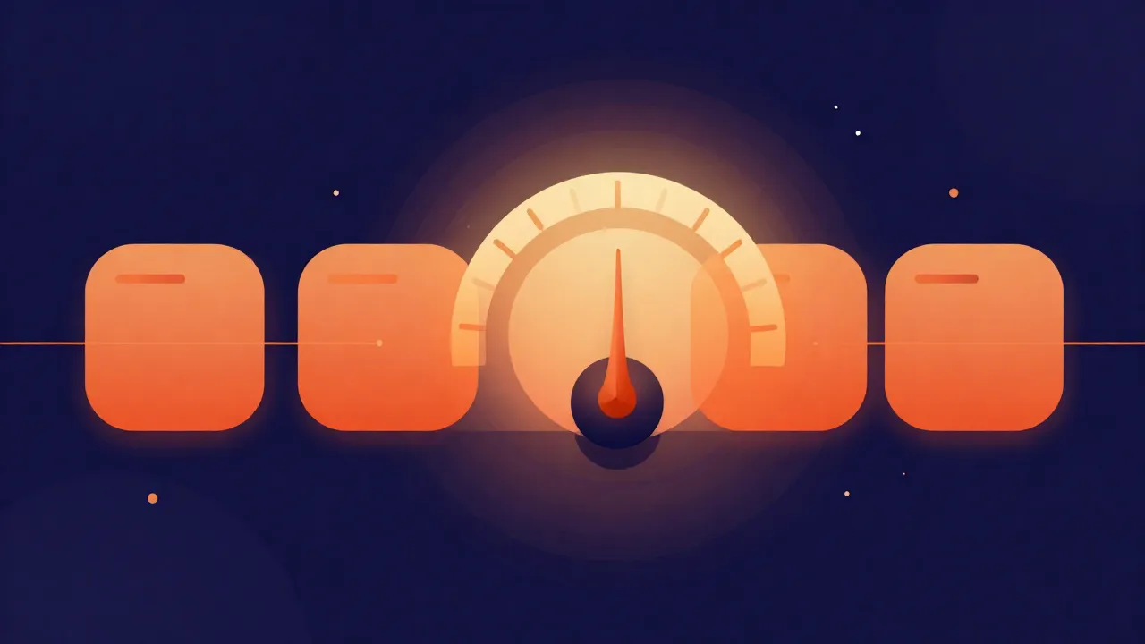 Flat illustration of several rounded app tiles connected by a line feeding into one central glowing loudness meter with its needle in a highlighted band