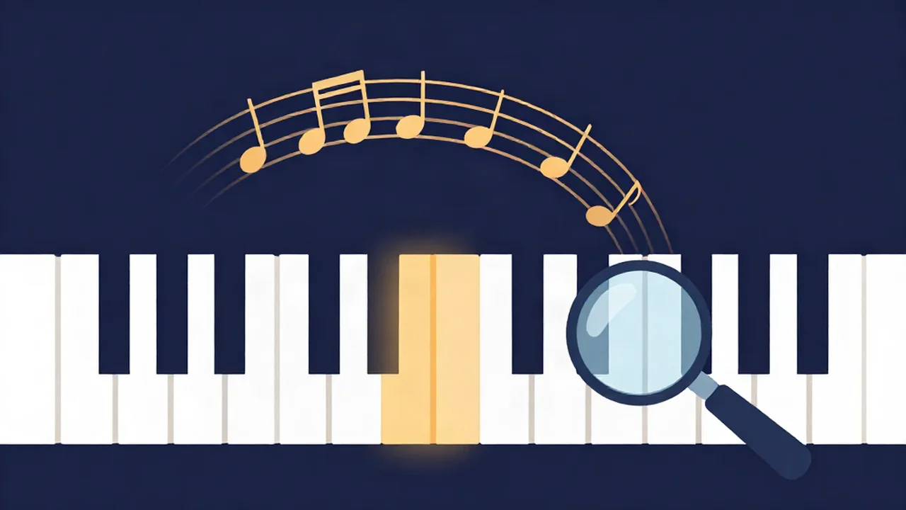 Flat vector illustration of a piano keyboard with one amber-lit home key, an arc of notes returning to it and a magnifying lens, showing how a key finder detects musical key