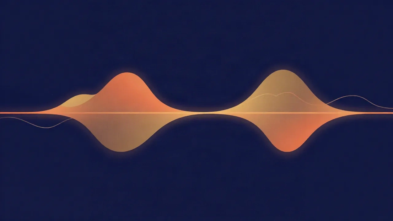 Flat vector illustration on deep navy background of two glowing orange waveforms, one the upside-down mirror of the other, meeting and flattening into a straight line, with faint dots and thin wavy lines around them