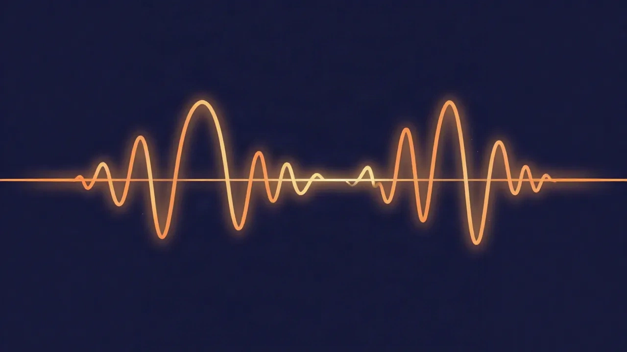 Flat vector illustration of two mirrored sound waves, one inverted, meeting in the middle and flattening into a single straight silent line
