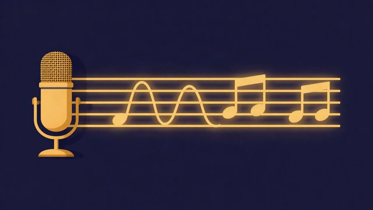 Microphone feeding a wobbly sung pitch line onto a music staff where it settles into clean notes, the job pitch correction does and a pitch changer does not
