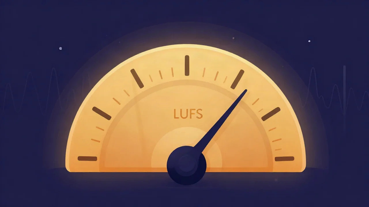 Flat illustration of a glowing amber LUFS loudness meter with its needle resting in the target zone, illustrating what LUFS to master to