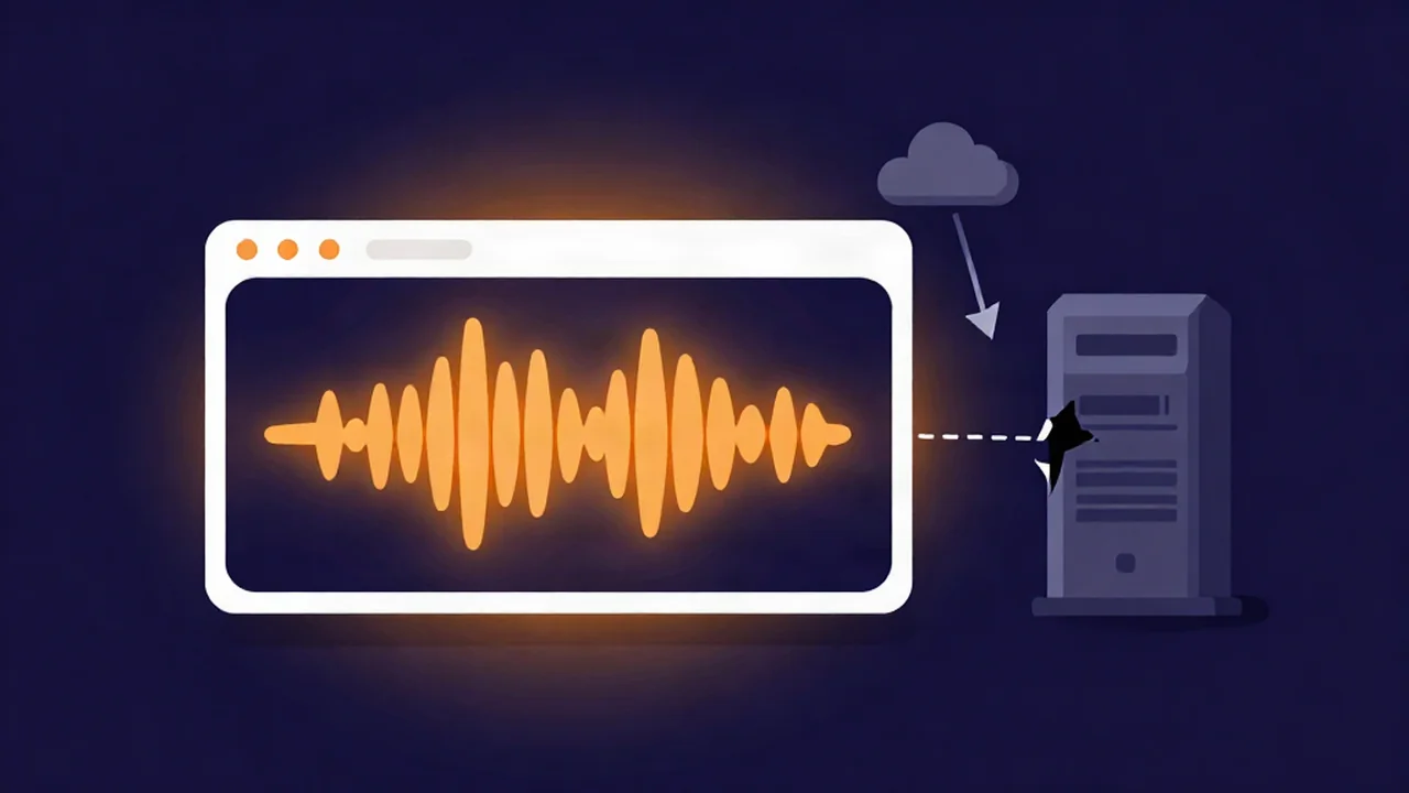 Flat illustration comparing no-upload client-side audio tools to server-based ones, with an audio file staying inside a browser window