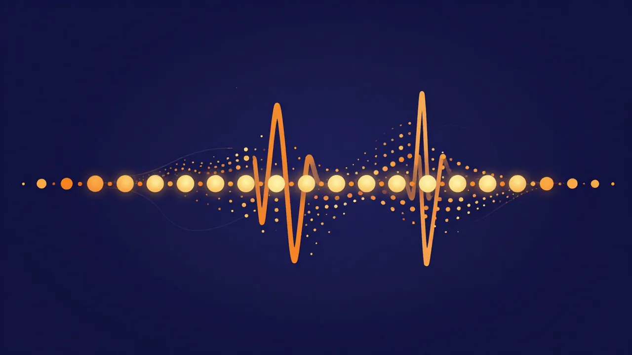 Flat illustration of an orange waveform overlaid with two rows of glowing pulse dots, one widely spaced and one twice as dense, showing two possible tempo readings of the same music
