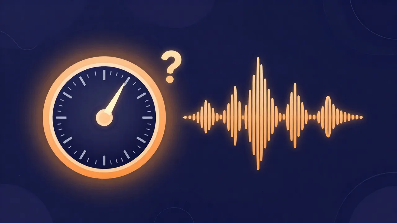 Flat illustration of a tempo dial with a question mark beside an audio waveform with unevenly spaced beat markers