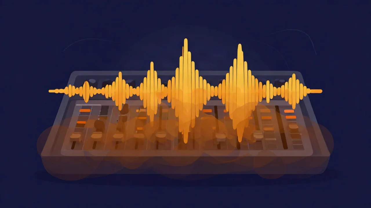Flat vector illustration of a muddy mix: a mixing console and bright waveform with the lower half clouded by a murky low-mid haze